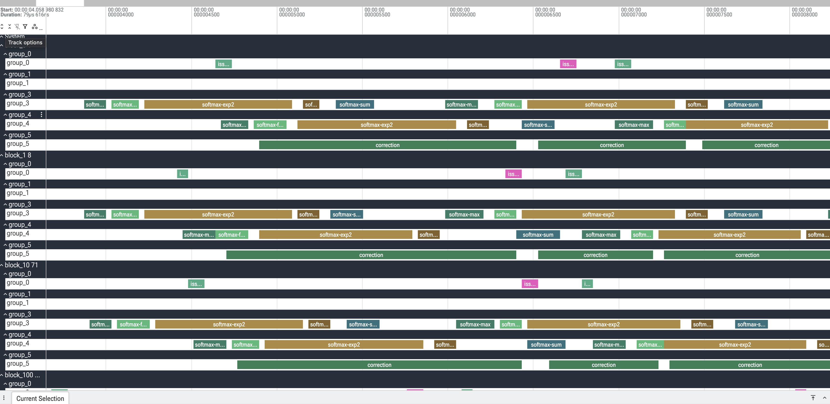 FlashAttention-4 in-kernel timeline in Perfetto